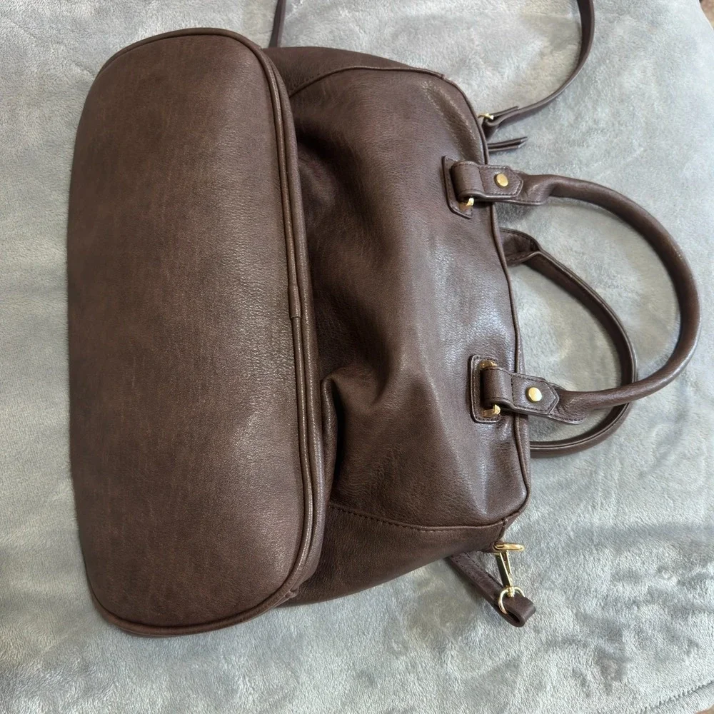 Sasha + Sofi Brown Faux Leather Satchel Crossbody Handbag Double Zip Tote Purse